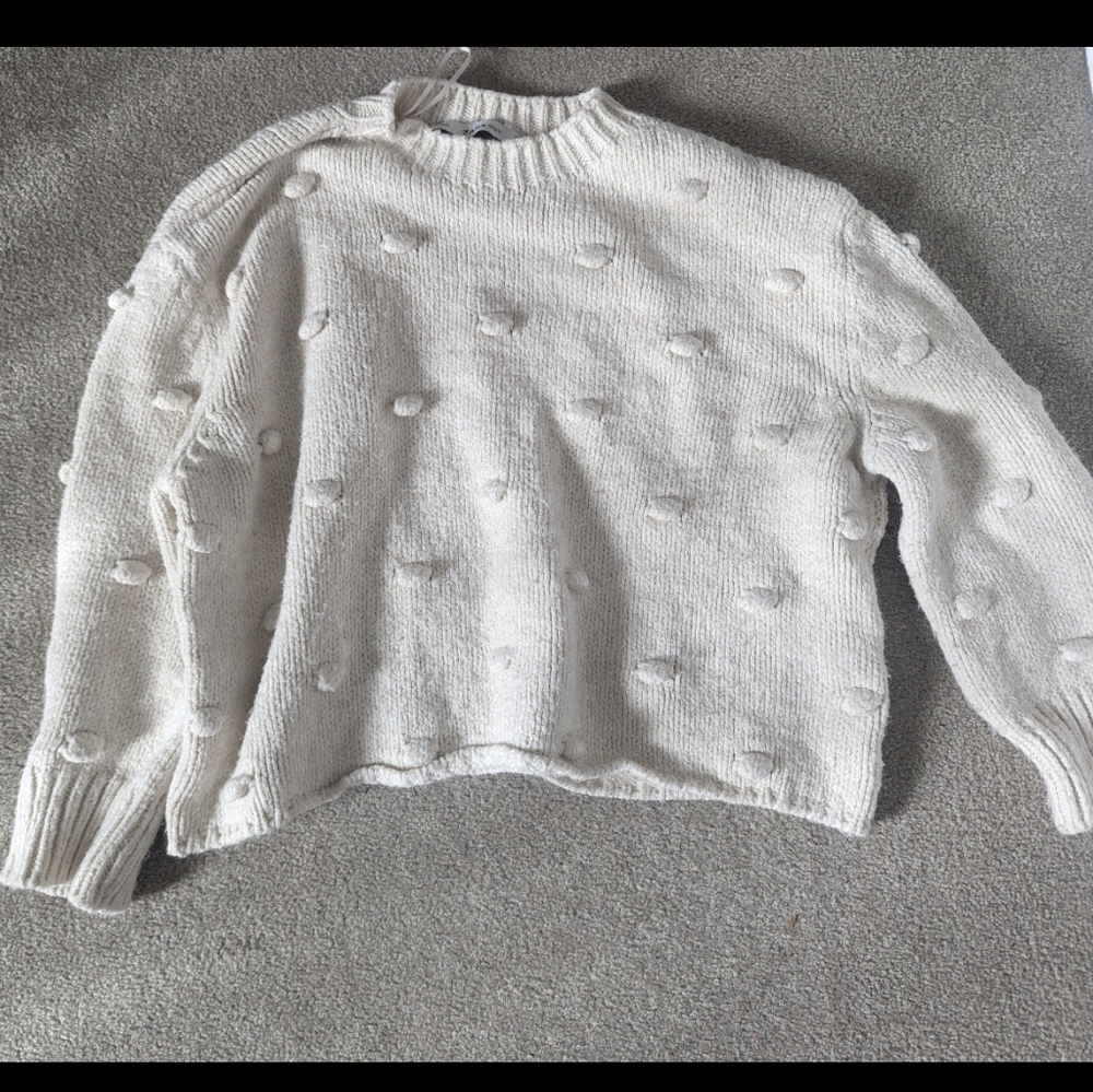Zara Cozy White Knit Sweater with pom pom details